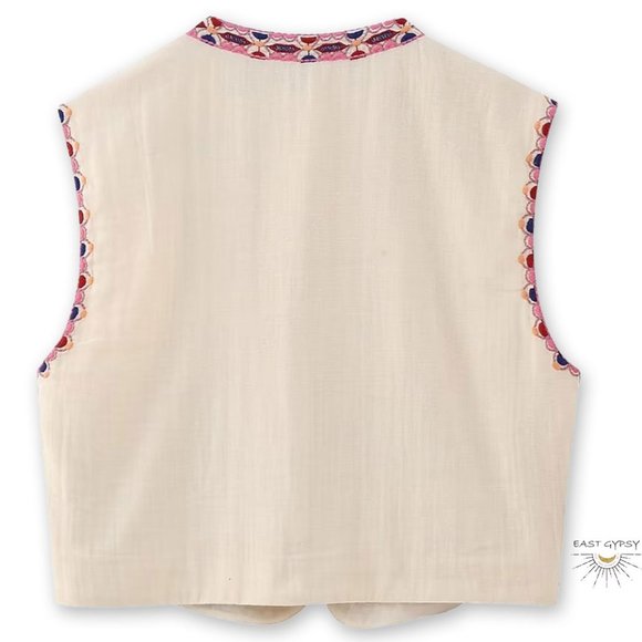 Beige Boho Floral Embroidered Vest